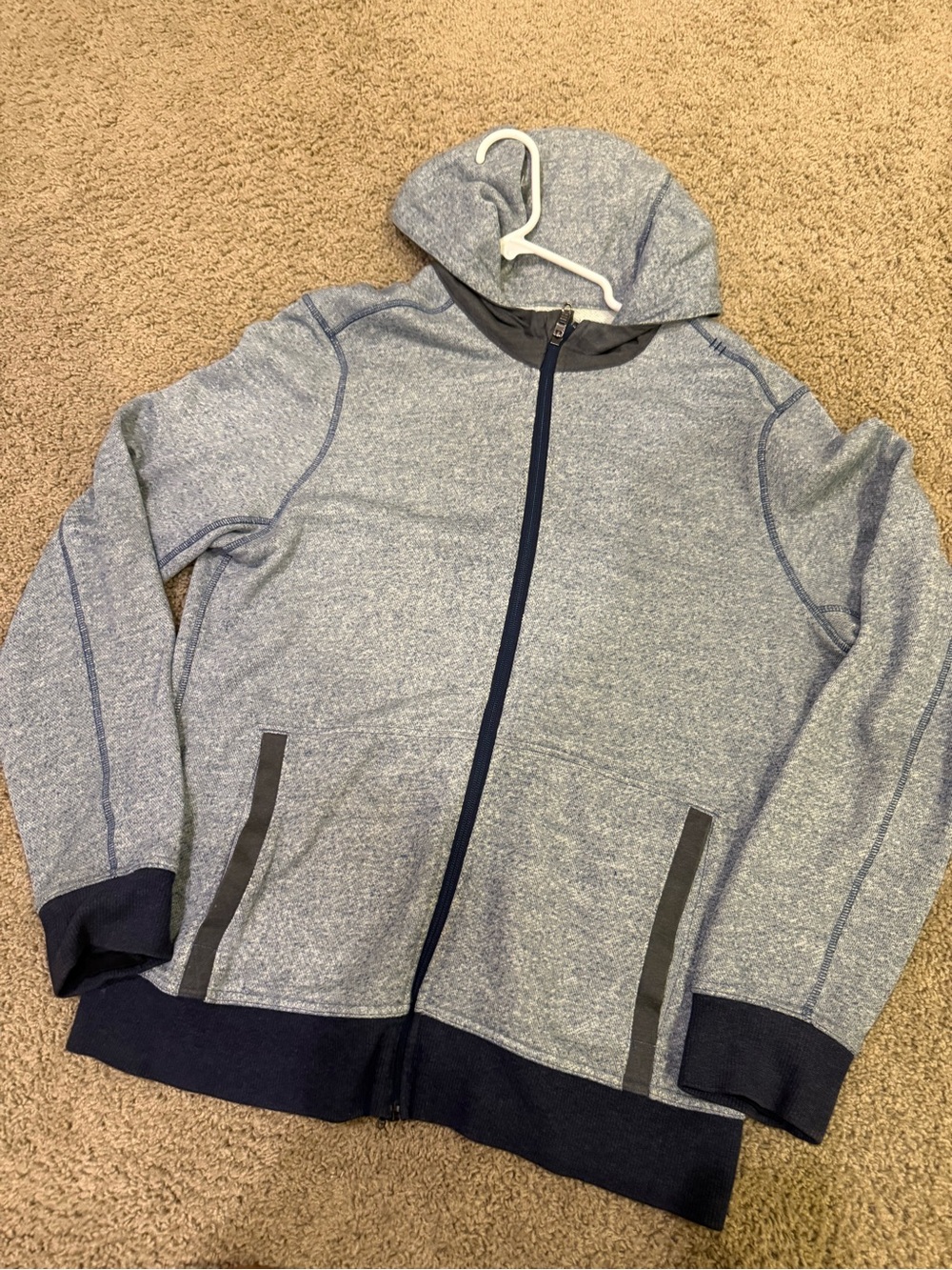 lululemon athletica Men's Heather Light Blue Full‑Zip Hoodie with Navy Trim